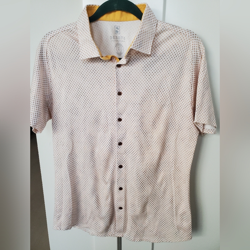 DESOTO Men's Light Brown/Gold  &White Geometric Collared Jersey Dress Shirt Sz.L